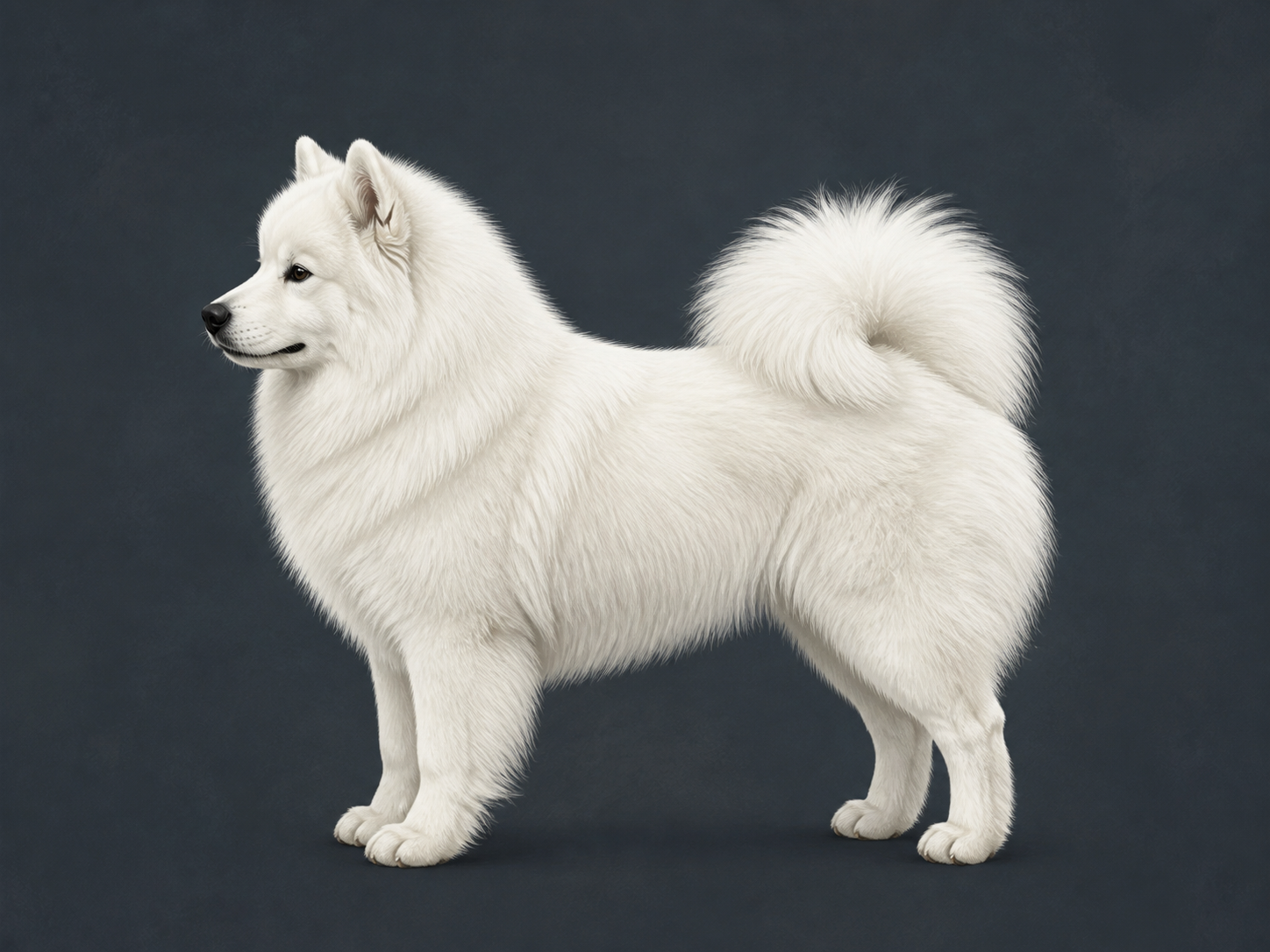 Lateral study of a standing Samoyed in profile against a dark slate background, showing the erect ears, heavy neck ruff, level back, curled plumed tail, and dense white double coat.