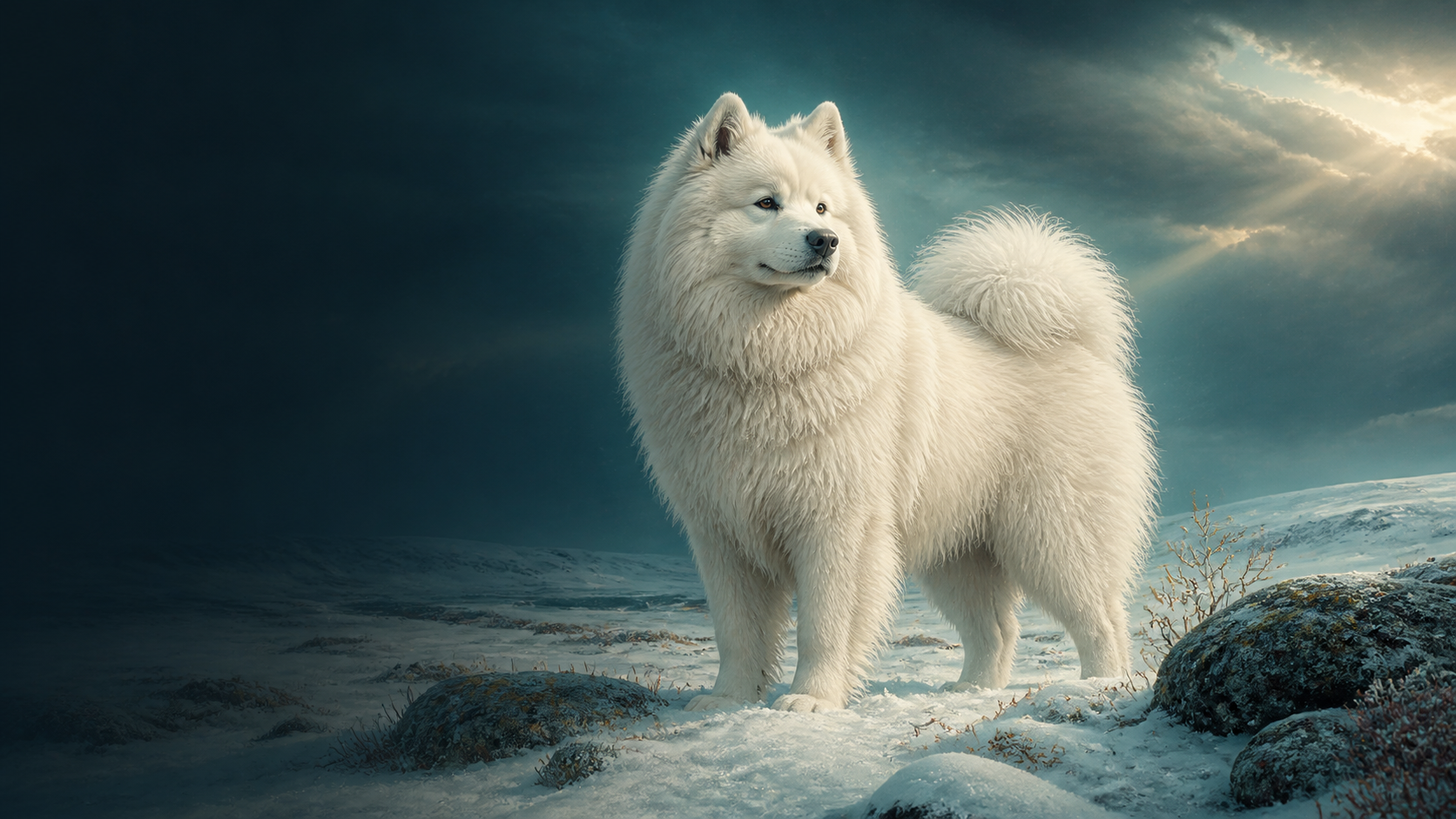A white Samoyed standing on snowy, boulder-strewn ground beneath a dramatic teal storm sky, backlit by golden light breaking through clouds.