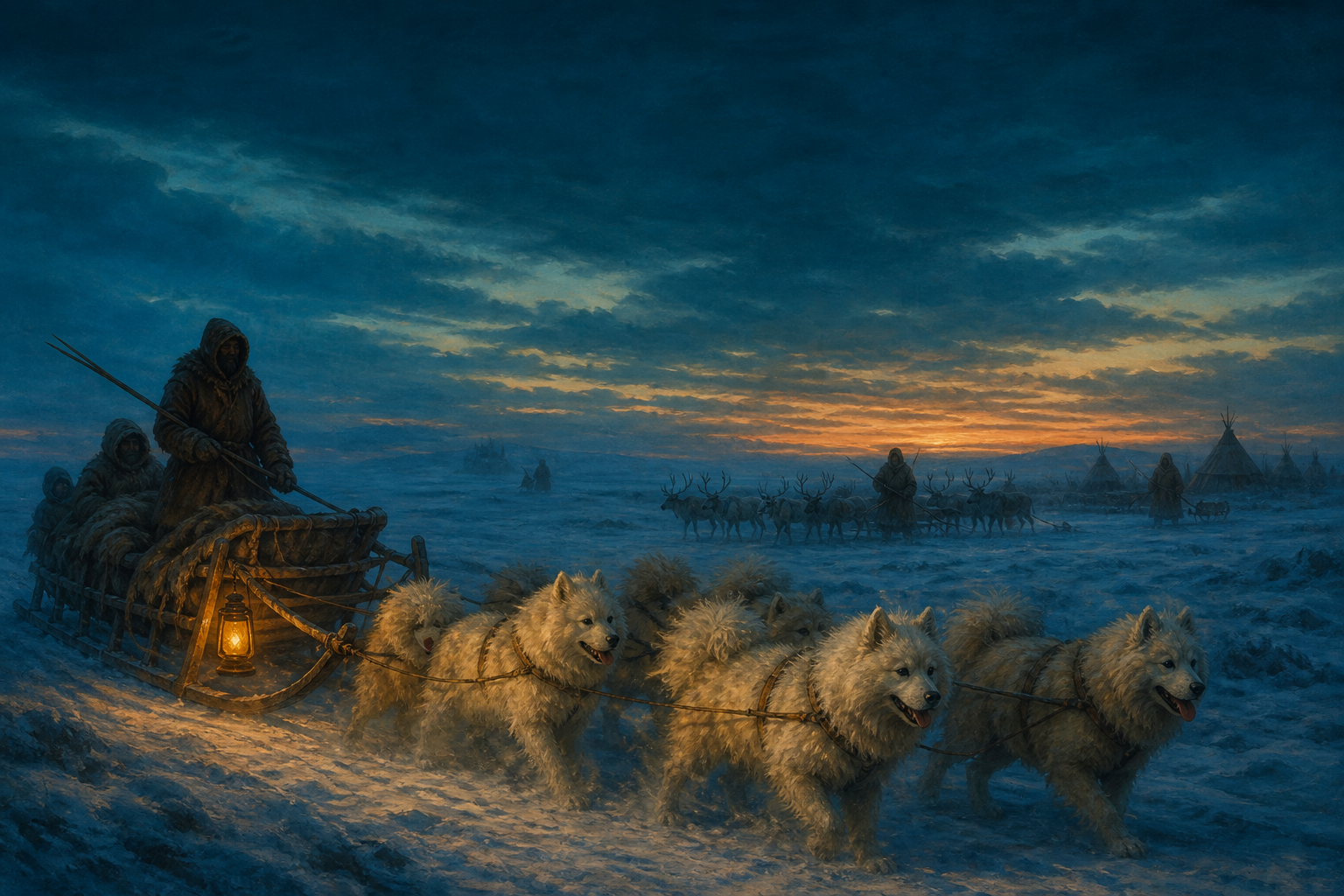 A painterly twilight scene of a sled party crossing a snow plain behind a team of white dogs, with a glowing amber lantern on the sled, reindeer and conical tents in the distance.
